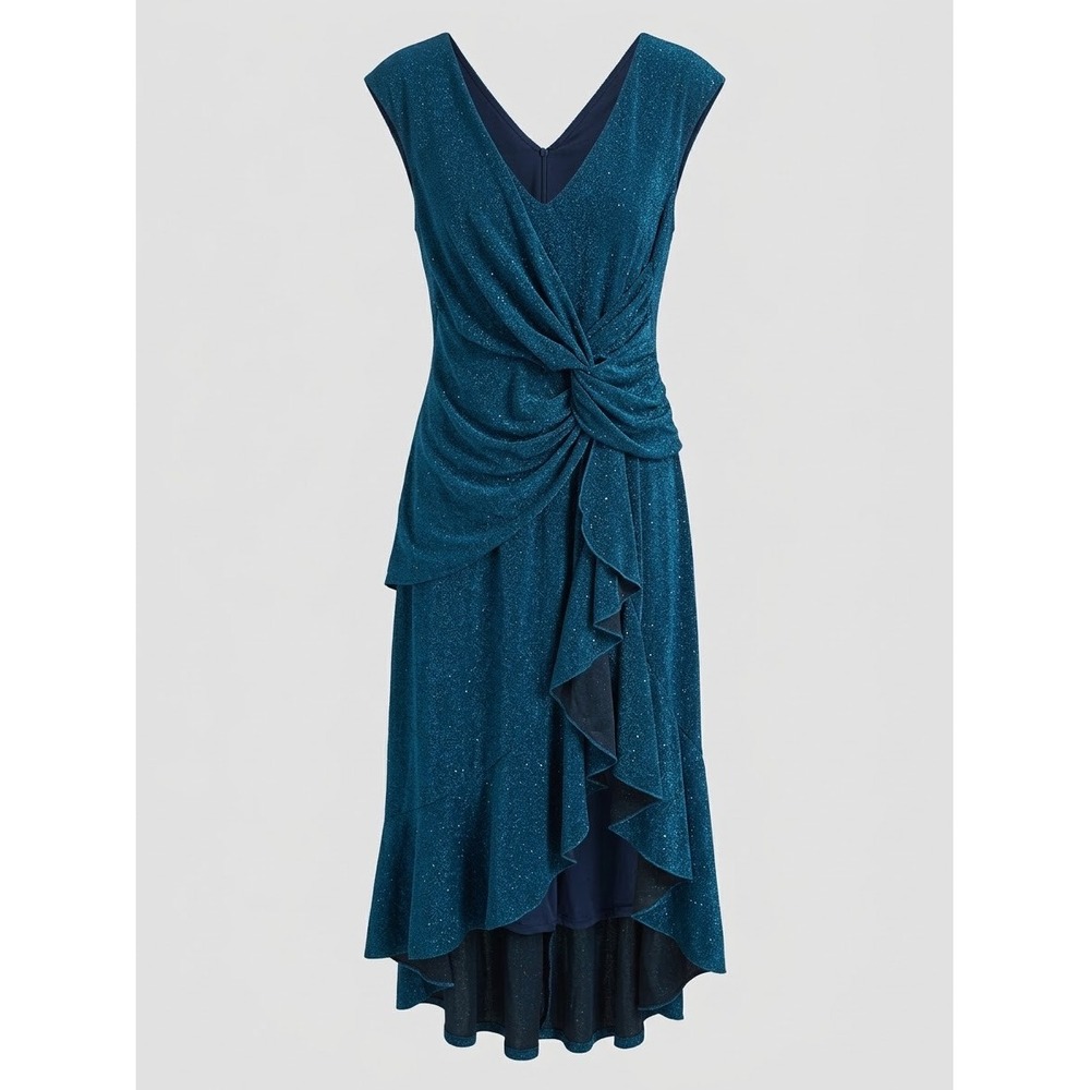 Berylove Teal Blue Metallic Glitter V-Neck Twist Front High-Low Formal Dress L
